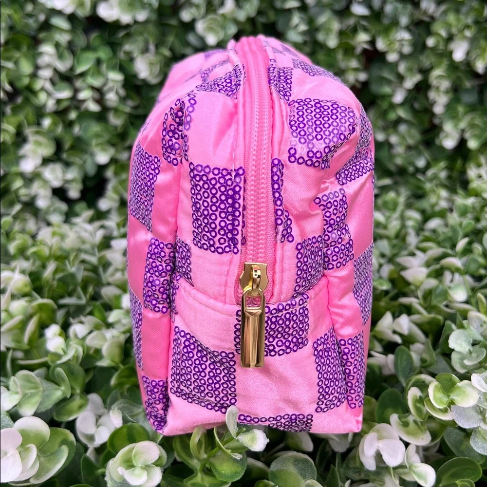 Ulta Beauty Pink and Purple Sequins Check Pattern Cosmetic Pouch Bag
